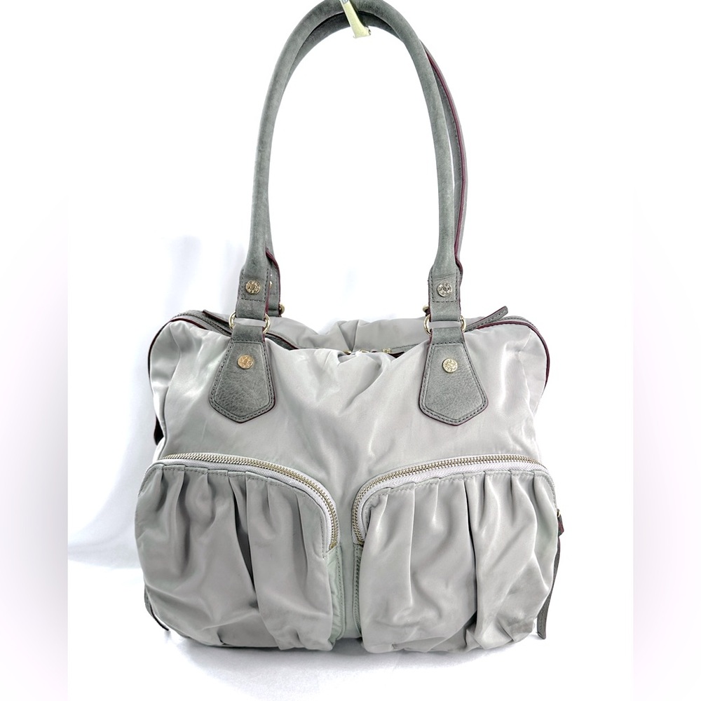 MZ Wallace Jane Gray Nylon Medium Shoulder Bag Brass Logo Hardware